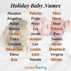 a baby laying on top of a bed with the names of its babies