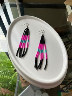 Long Dangle Earrings- Barbie inspired colors Pink Dangle Beaded Earrings With Black Beads, Barbie Inspired, Beaded Earrings Diy, Earrings Diy, Long Dangle Earrings, Beaded Dangle Earrings, Etsy Earrings Dangle, Diy Earrings, Making Jewelry