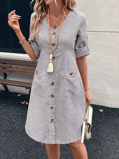 Multicolor Casual Collar manga larga Tela tricotada Liso,A rayas A línea Embellished No-Elástico Casual Midi Dress, Midi Dress Fall, Fall Clothes, Elastic Hair Ties, Midi Dress Casual, Vestido Casual, Comic Styles, Dress P, Wide Leg Jeans