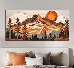 a large painting on the wall above a bed