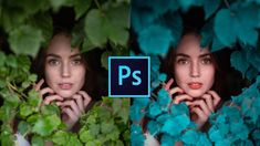 two photos, one with the image being edited and the other showing her face in front of leaves