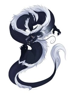 a black and white dragon with long tail