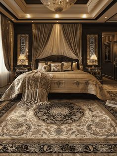 a large bed sitting inside of a bedroom next to a chandelier