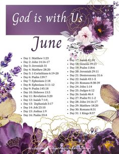 a purple and white poster with the words, god is with us june on it