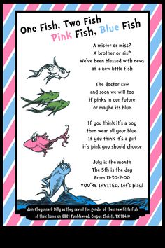 a pink fish poem is shown with the words, one fish two fish blue fish