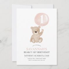 a birthday card with a teddy bear holding a balloon in the shape of a number one