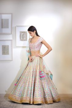 This set features a gota and thread embroidered multi-color lehenga set. Color: Blue Fabric: Silk; Viscose Embroidery Details: Gota And Thread Care: Dry Clean Only Embroidered Lehenga, Casual Tunics, Indian Bridal Outfits, Indian Ethnic Wear, Fabric Silk, Bridal Outfits, Embroidery Details, Customer Care, Indian Bridal