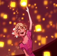 a woman in a pink dress is dancing with her hand up to the sky and lights behind her