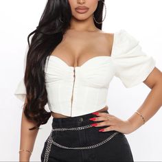 Never Worn. White High Waist Crop Top For Spring, White High-waisted Crop Top For Spring, Chic High Waist Cotton Tops, White Denim Top For Day Out, Chic White Denim Tops, Elegant Summer Denim Tops, Elegant Fitted Denim Tops, High Waist Cotton Top For Night Out, White Denim Tops For Spring