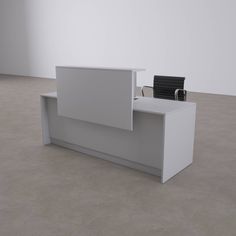 an empty white reception desk with two chairs on it and one black chair in the corner