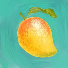 a painting of an orange with green leaves on it's tip and bottom half