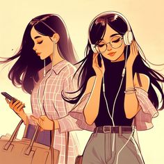 two girls with headphones are looking at their cell phones and one is listening to music