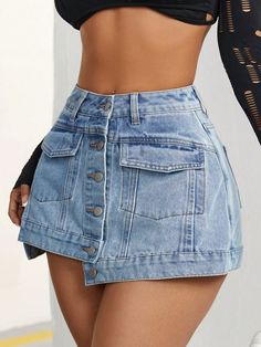 Women's Denim Skort With Front Button Blue    Denim Plain Skort Non-Stretch  Women Clothing, size features are:Bust: ,Length: ,Sleeve Length: Jeans Dama, Denim Skirt Trend, Women Denim Shorts, Jean Short Outfits, Denim Skort, Denim Inspiration, Glam Outfit, Mens Casual Dress Outfits, Skirt Trends