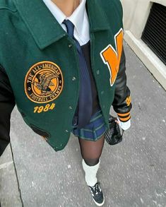 Collegiate Jacket Outfit, Edgy Preppy Aesthetic, Y2k Varsity Jacket Outfit, Collegiate Aesthetic Outfits, Varsity Shirt Outfit, Prep School Outfits Aesthetic, Letterman Jacket Outfit Skirt, Modern Preppy Aesthetic, College Prep Aesthetic