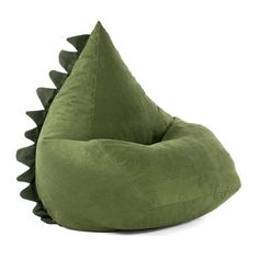 a green bean bag chair with a large dinosaur's head on the front and back