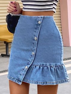 How To Make Skirt From Jeans, Denim Skirt Ideas, Denim Skirt Pattern, Fitted Denim Skirt, Denim Skirts Online, A Line Denim Skirt, Short Jean Skirt, Wrapped Skirt