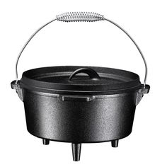 a black pot with a metal handle on the top and an open lid over it