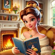 the princess is reading a book while sitting in a chair next to a fire place