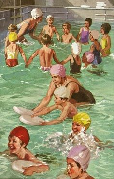 a painting of people in the water with towels on their heads and one man holding a frisbee