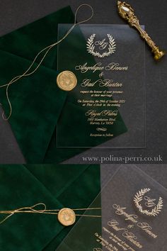 wedding stationery and envelopes with gold foil on green velvete - like paper