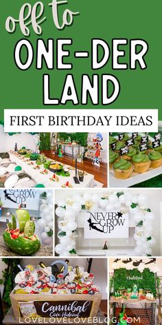 Collage of off to onederland first birthday ideas. Never Grow Up 1st Birthday Party, Never Grow Up First Birthday, August First Birthday Boy, Boys First Birthday Party Ideas Summer, Nature Theme First Birthday, First Birthday Unique Themes, Cute 1st Birthday Themes For Boys, Unique First Birthday, Unique First Birthday Themes Boys