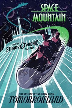 an old movie poster for space mountain featuring two people on a sled in the snow