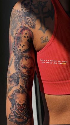 the back of a woman's arm with tattoos on it and an image of a person wearing a mask