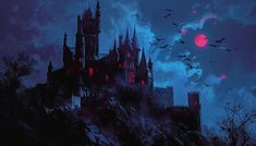 a castle with bats flying in the sky at night, and red light coming from its windows