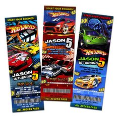 three different movie ticket designs for cars and hot wheels, including one with the number 5 on it