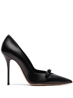 black nappa leather smooth grain slip-on style 100mm stiletto heel bow detailing logo plaque pointed toe branded leather insole leather outsole Glamour Gown, Casadei Heels, Luxury Pieces, Heels Designer, Detailing Logo, Chanel 2, Iconic Bags, Black Leather Heels, Flat Boots