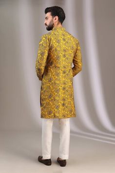 Yellow kurta with resham thread embroidered floral blossom patterns. Comes with pant. - Aza Fashions Bollywood Style Festive Sherwani With Printed Motifs, Festive Chanderi Sherwani With Printed Motifs, Festive Bollywood Sherwani With Printed Motifs, Traditional Bandhgala With Printed Motifs For Festive Occasions, Bollywood Style Sherwani With Printed Motifs, Traditional Sherwani With Printed Motifs, Bollywood Sherwani With Printed Motifs For Transitional Season, Traditional Festive Sherwani With Printed Motifs, Traditional Drape Sherwani With Printed Motifs For Festivals