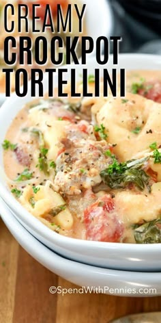 this creamy crockpot tortelli is loaded with meat, cheese and vegetables