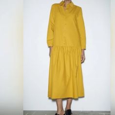 100% Cotton Drop Waist Shoulder To Wrist 23” Pit To Pit 21” Shoulder To Bottom 49” Mustard Yellow No Stretch Casual Yellow Shirt Dress For Fall, Zara Cotton Midi Dress For Fall, Zara Long Sleeve Cotton Midi Dress, Yellow Long Sleeve Maxi Dress For Work, Zara Maxi Dress For Fall Daywear, Overall Jumper, Blue Striped Dress, White Halter Maxi Dress, Green Sequins