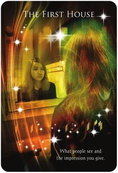 the first house movie poster with a woman looking at herself in the mirror and stars on the background