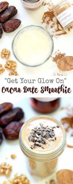 the ingredients to make chocolate date smoothie are shown