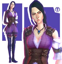 an animated image of a woman with long black hair and purple clothes, standing in front of a white background