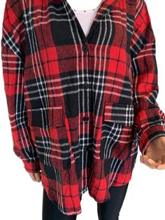 Classic red and black plaid curvy size flannel shirt. Soft and comfy fabric and is roomy so can be worn with a shirt underneath for a trendy casual look. Soft medium weight poly blend fabric. US Size Chart Sizes Bust Shoulder Sleeve Length Length Hem Width Relax Relax Relax Relax Relax 2X 53 27.5 24 30.5 53 3X 56 29 24.5 31 56 4X 59 30.5 25 31.5 Cozy Plaid Long Sleeve Flannel Shirt, Cozy Plaid Flannel Shirt, Oversized Red Long Sleeve Flannel Shirt, Oversized Red Flannel Shirt For Fall, Oversized Red Flannel Shirt, Oversized Red Flannel Shirt Casual Style, Oversized Red Flannel Shirt Casual, Red And Black Plaid, Black Plaid