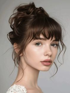 38 Spring Hairstyles with Bangs to Freshen Up Your Look in 2024 Bangs For Round Face Straight Hair, Bride Hairstyles With Bangs, Formal Hairstyles With Bangs, Wedding Hair With Bangs, Curly Bob Haircut, Straight Hair With Bangs, Bangs Updo, Straight Across Bangs