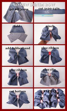 the instructions for how to make an easy bow with denim fabric and leather ribbon on it