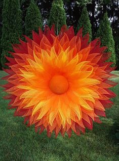 an orange and yellow flower sitting on top of a lush green field next to trees