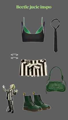 an assortment of women's clothing and accessories including a bra, striped skirt, green shoes, black and white purse