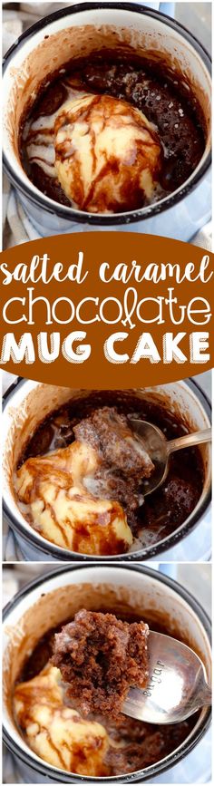 chocolate cake in a pan with caramel sauce on top and the words salted caramel chocolate mug cake above it