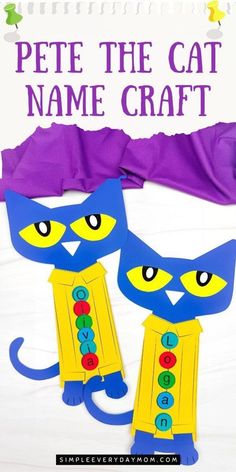 pete the cat name craft is shown with purple and yellow paper on it's back