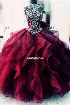 Burgundy Quinceanera Dresses Organza Floor-length Ball Gown For Quinceanera, Embellished Ball Gown For Sweet 16, Sweet 16 Embellished Ball Gown, Embellished Floor-length Quinceanera Dress For Pageant, Embellished Quinceanera Dress For Banquet During Prom Season, Embellished Gown For Quinceanera During Prom Season, Sweet 16 Organza Ball Gown Dress, Floor-length Organza Dress For Quinceanera, Embellished Floor-length Quinceanera Dress