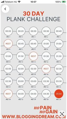 the 30 day plank challenge is shown in red and white