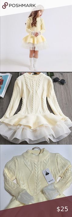 Baby Girls 2T 3T Winter Knitted Dress Cream White ✨ Dresses Formal Cute Fitted White Sweater, White Fitted Cute Sweater, Cute Cream Winter Dress, White Cotton Winter Dress, Cute White Dresses For Fall, Cute White Fall Dresses, White Dresses Formal, Knitted Winter Dress, White Dress Formal