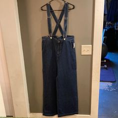 Size 14 Tall Dark Wash (See Pictures) From A Smoke-Free Home. Suspender Jeans, Khaki Chino Pants, Wide Leg Crop Pants, Paperbag Pants, Womens Wide Leg Pants, Cropped Wide Leg Pants, Beige Pants, Wide Leg Dress Pants, Linen Blend Pants