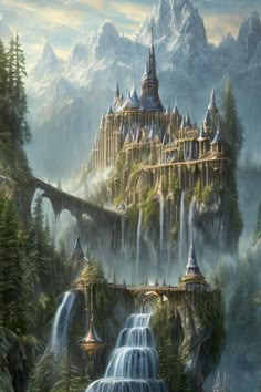 a painting of a castle in the middle of a forest with waterfall and bridge leading to it