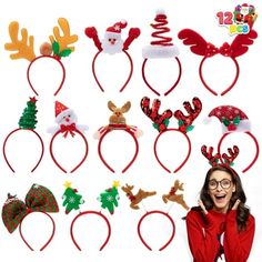 a woman is posing with her christmas headbands