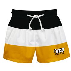 VCU Rams Virginia Commonwealth U Vive La Fete Black White Gold Stripes Swimtrunks V1 Summer Sports Shorts, Casual Swim Trunks For Water Polo, Casual Swim Trunks For Water Polo And Beach Season, White Swimwear With Contrast Stripes For Swimming, Sporty Swimwear For Summer Sports Events, Sporty Swim Trunks For Summer Sports Events, Sporty Yellow Swim Trunks For Beach Season, Sporty Swimwear For Sports Events In Summer, White Sporty Swim Trunks For Water Sports